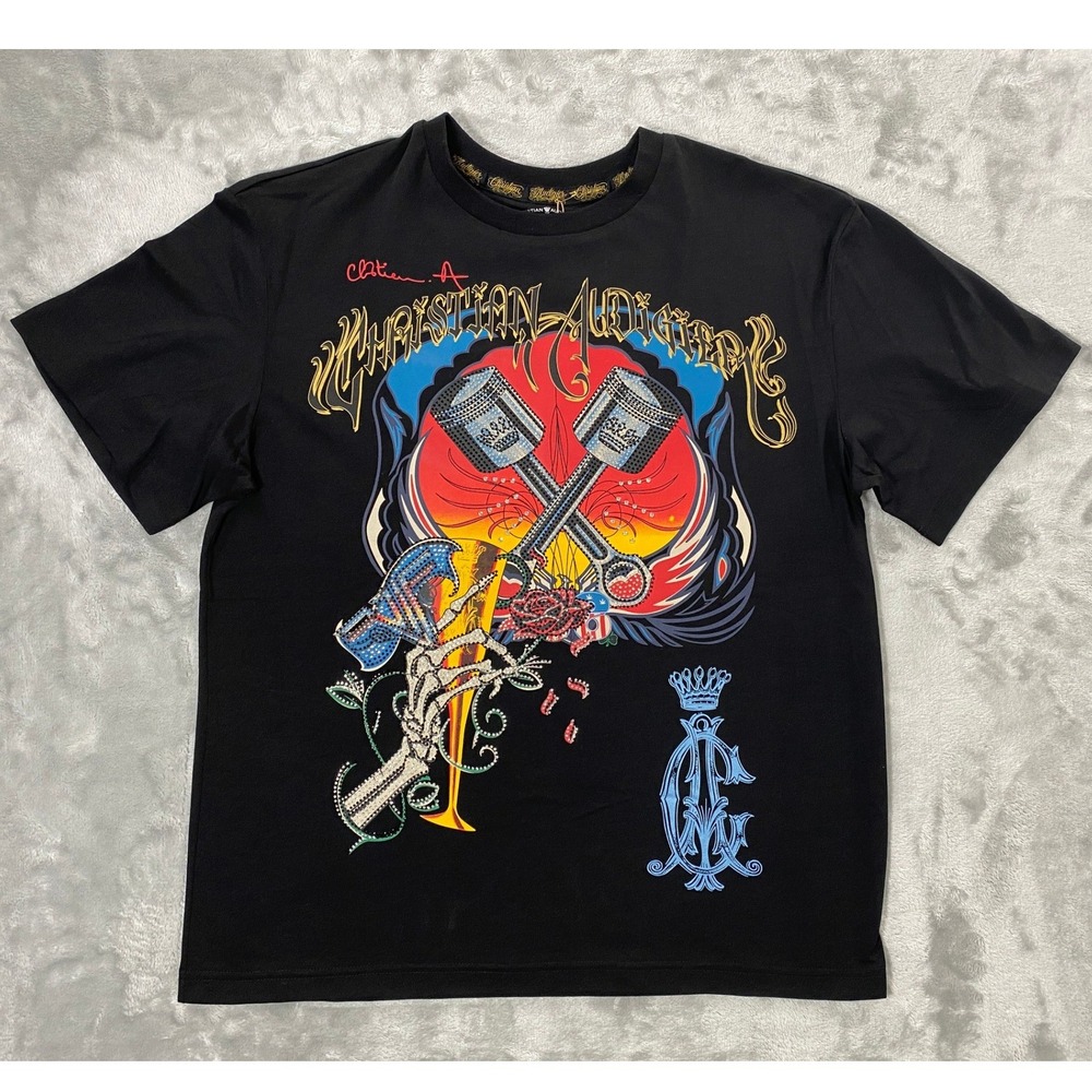 Christian Audigier T-Shirt Mens Medium Black Piston Motor Head CA100012 NWT